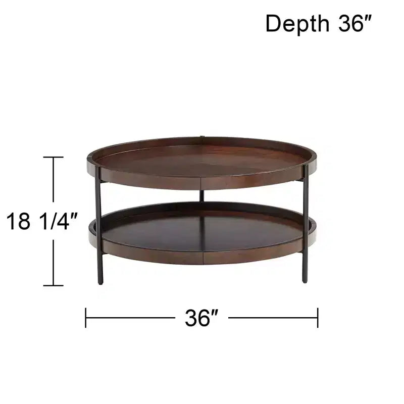 Table basse ronde industrielle moderne de 91 cm de large avec étagère inférieure, marron foncé, pour salon, chambre, chevet