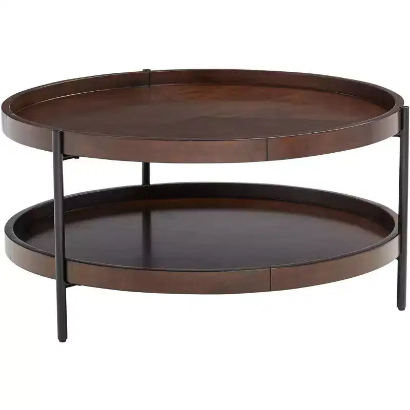 Table basse ronde industrielle moderne de 91 cm de large avec étagère inférieure, marron foncé, pour salon, chambre, chevet
