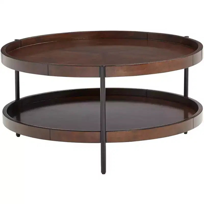 Table basse ronde industrielle moderne de 91 cm de large avec étagère inférieure, marron foncé, pour salon, chambre, chevet