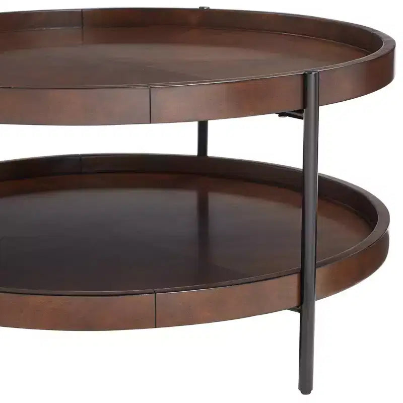 Table basse ronde industrielle moderne de 91 cm de large avec étagère inférieure, marron foncé, pour salon, chambre, chevet